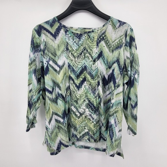 Alfred Dunner 1X Green Chevron Sequin Embellished 3/4 Sleeve Top - Picture 1 of 5